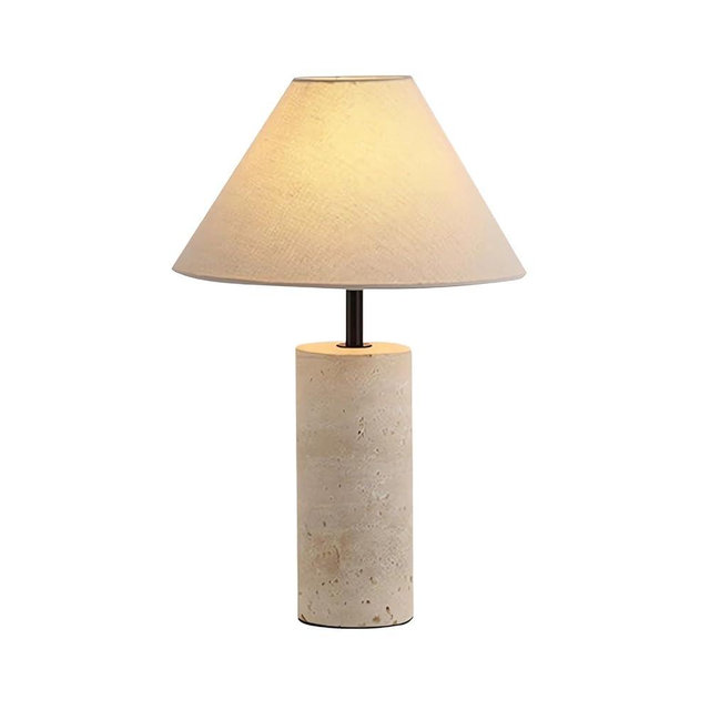 Natural Stone Table Lamp Round Concrete Desk Light Retro Stone Lampbody with Fabric Shade Beside Nightstand Lamp for Bedroom Living Room Kitchen Island