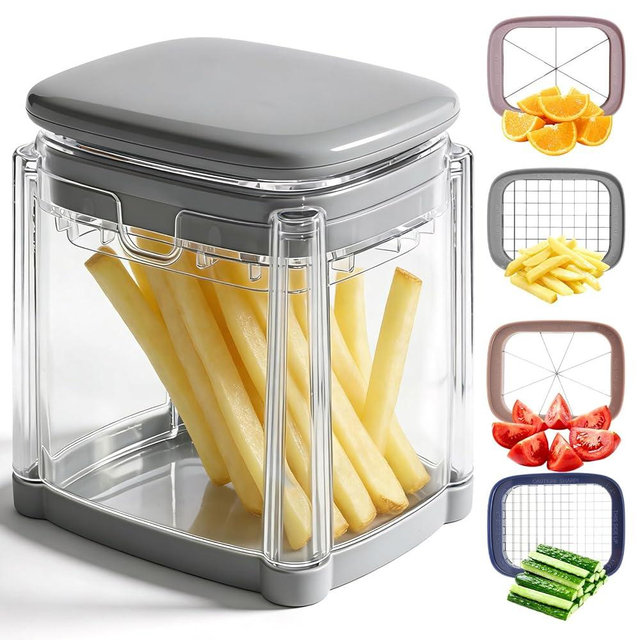 4-In-1 French Fry Cutter for Potatoes, Apple Slicer, Chopper Vegetable Cutter - Dicer Chopper for Carrots, Cucumbers, Onion, Tomato (Gray 4-in-1 French Fry Cutter)