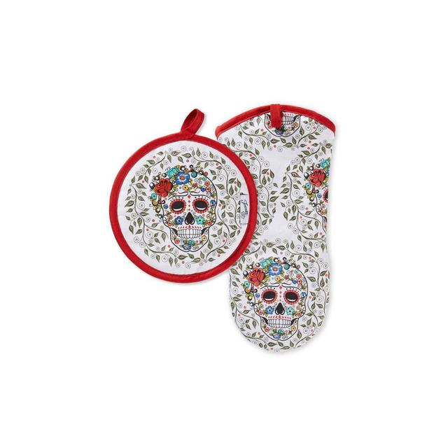 Fiesta 2pc Oven Mitt and Pot Holder, Cotton Skull and Vine