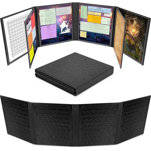 CASEMATIX DM Screen Faux Leather 8-Panel Deluxe GM Screen - Eight Panel Folding Dungeon Master Screen with 2 Swinging Panels and Wet Erase Pockets for TTRPGs - Inserts Not Included