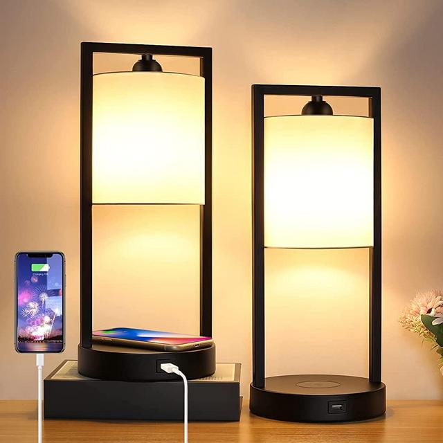 Wireless Charging Touch Control Table Lamps Set of 2, Bedside Nightstand Lamps White Fabric Shade, Modern Dimmable Desk Lamps for Bedroom Living Room Office Warm White E26 Bulbs Included