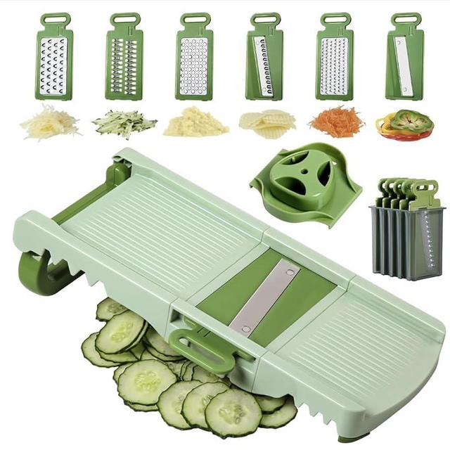 Mandoline Slicer Cheese Grater, 6 in 1 Collapsible Kitchen Slicer with Handguard, Interchangeable Blades for Cucumber, Potato, Onion and More, Professional Vegetable Slicer for Salad