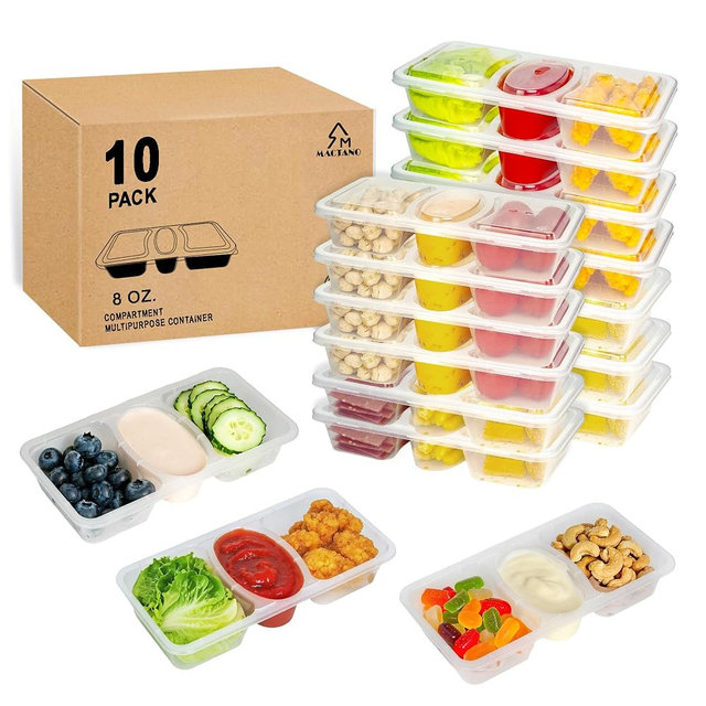 MACTANO 8 OZ Reusable Snack Containers with Lids, New 3 Compartment Condiment Snack Pack Containers 10 Sets