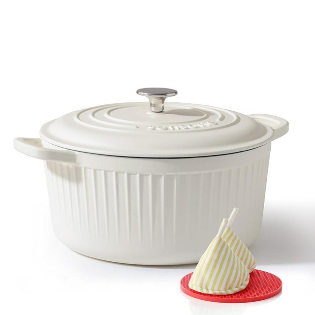 SENSARTE Enameled Cast Iron Dutch Oven Pot with Lid 6.5 Quart Heavy-Duty Round Dual Handles Kitchen Pot with Cotton Potholders & Silicone Trivet, Pot for Bread Baking, Stews, Braising, Roasting, Oven Safe up to 500°F, White