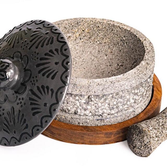 Mexican Molcajete Yolia 8 inches with Talavera Lid color black