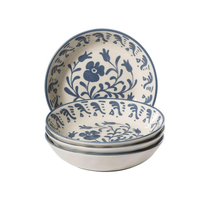 Bloomhouse - 2-Time Oprah’s Favorite Things - Valencia Flor 4 Piece Dinner Bowl Set, 8” Stoneware Pasta Bowls, Mediterranean Floral Decal Design, Microwave & Dishwasher Safe, Iris Blue