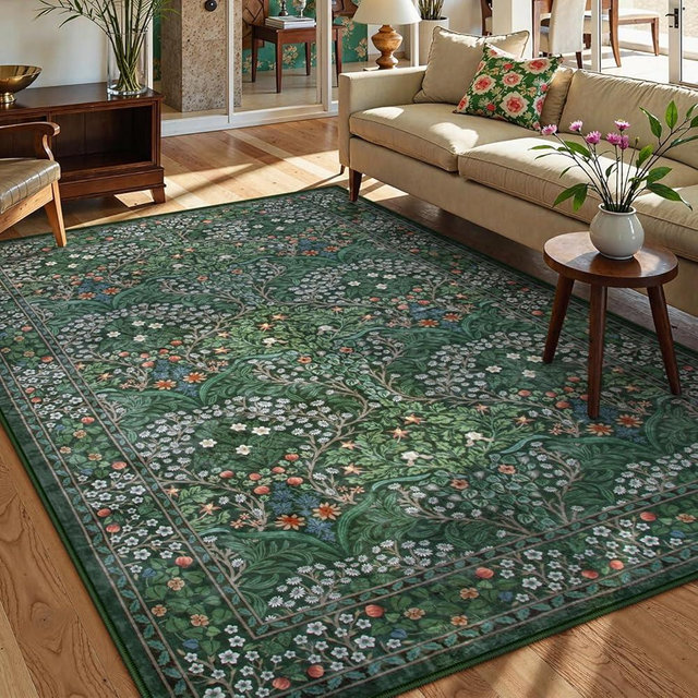 Lahome Floral Dark Green Area Rugs 5x7, Soft Washable Rugs for Living Room Bedroom, Boho Non Slip Low Pile Forest Stain Resistance Large Throw Carpet for Farmhouse Dining Room Office, Dark Green