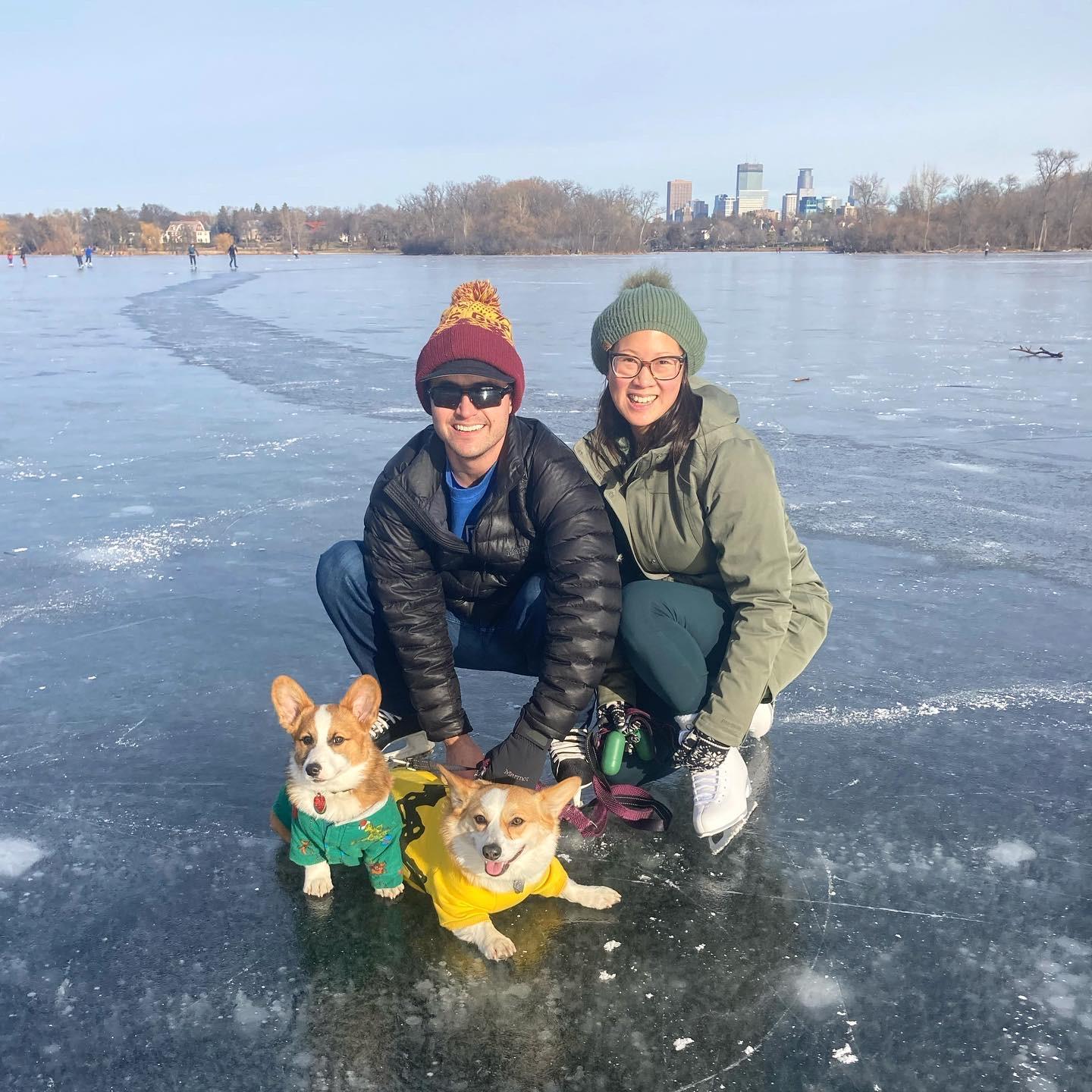 Ice skating on Lake of the Isles with our pups