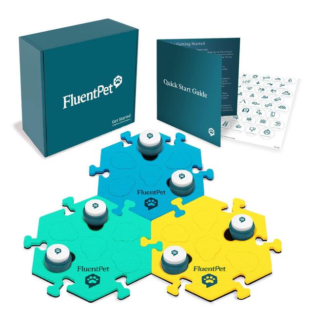 FluentPet Get Started Kit Pet Buttons - Set of 6 Recordable Buttons for Dogs Cats and 3 HexTiles - Customizable Cat Dog Buttons for Communication Starter Pack - Cat Dog Talking Button Set