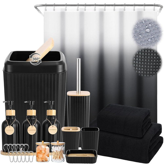 32PCS Black Bathroom Accessories Set with Shower Curtain,Bath Towel,Trash Can,3PCS Lotion Soap Dispenser,Toothbrush Holder,Soap Dish,Tumbler Cup,6PCS Wood Tags Bath Accessories with Tray