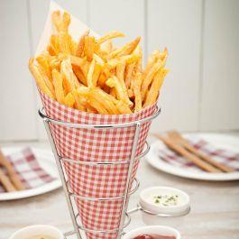 Silver Stainless Steel Medium Fry and Snack Cone Stand - 3 Sauce Holders