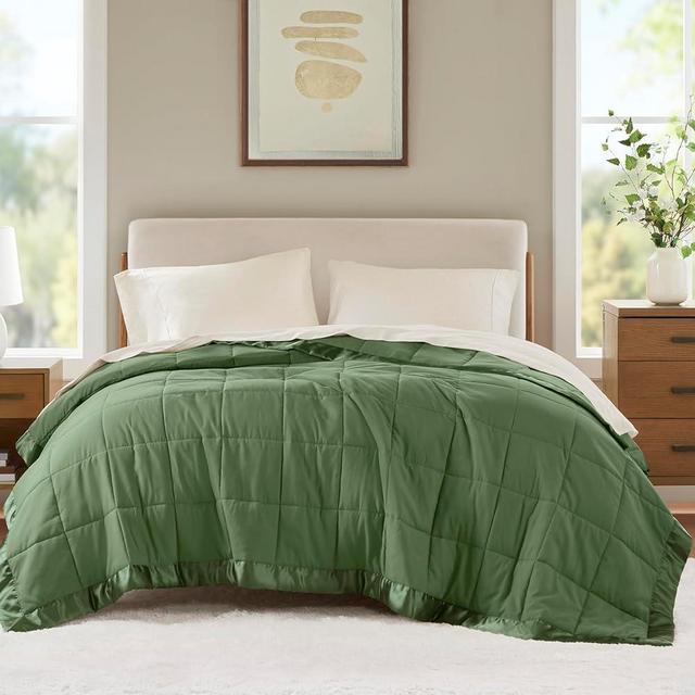 Madison Park King Blanket Quilted Microfiber, Satin Binding, 3M Scotchgard Moisture Wicking Treatment, Soft and Lightweight Summer Blanket for Couch, Windom, King, Green