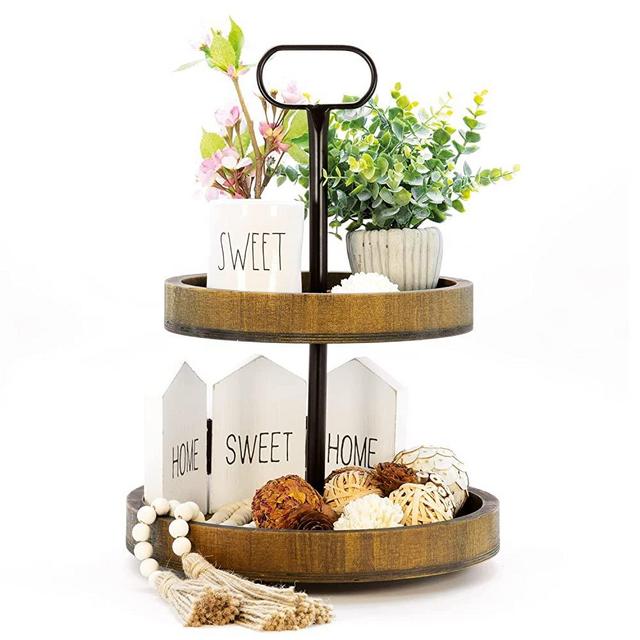 Wooden Tiered Tray – 2 Tier Tray for Holding Food, Glasses, Art Supplies, & More – Cupcake Tray w/ Metal Handles Enhances Farmhouse Kitchen Decor - Detachable Round Trays Home Decor for Charcuterie