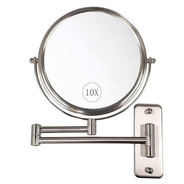 ALHAKIN Wall Mounted Makeup Mirror - 10x Magnification 8'' Two-Sided Swivel Extendable Bathroom Mirror Nickel Finish