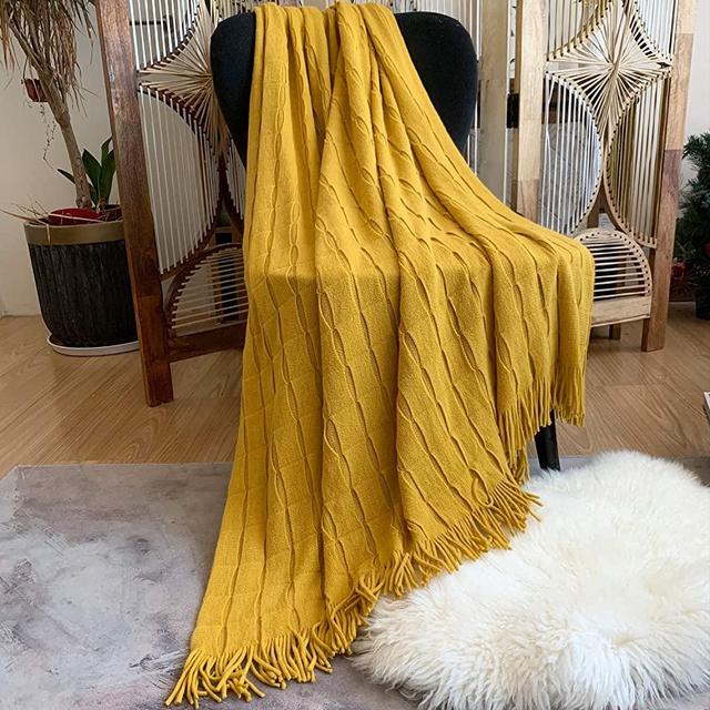 DISSA Knitted Blanket Textured Solid Super Soft Decorative Throw Blanket with Tassels Cozy Plush Lightweight Fluffy Woven Blanket for Bed Sofa Couch Cover Living Bed Room (Mustard Yellow, 50"x60")