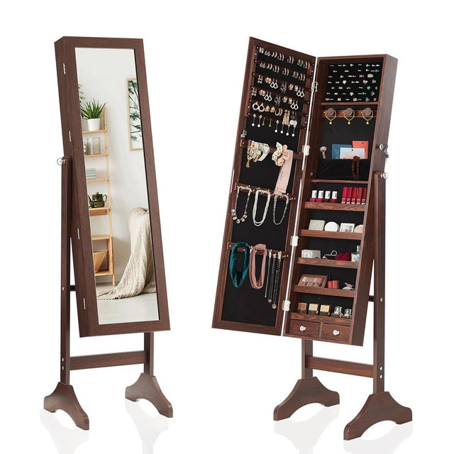 Sweetcrispy Freestanding Jewelry Armoire Cabinet, 47.3-Inch Full Length Jewelry Organizer Standing Mirror, Tall Lockable Large Capacity Makeup Organizer Storage, Velvet Lining, 3 Angles, Rustic Brown