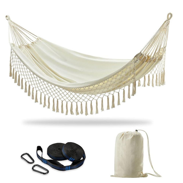 CHULIM Brazilian Double Hammock with Tree Straps,Extra Large 94x63IN,2 Persons Hammock for Backyard Patio Outdoor Indoor,450lbs Weight Capacity,Soft Woven Cotton Fabric - Natrual White with Tassels