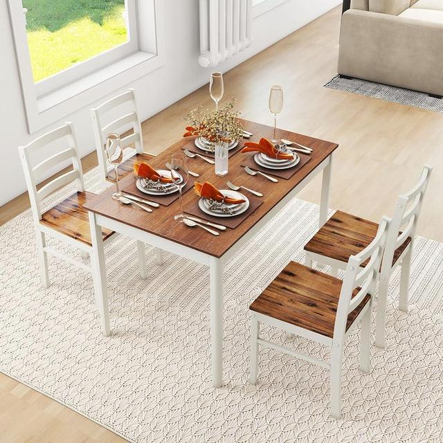 Tangkula 5-Piece Dining Table Set for 4, Solid Wood, Farmhouse Dinette Set w/Rubber Wood Legs, Modern Kitchen Table and Chair Set for Kitchen, Dining Room