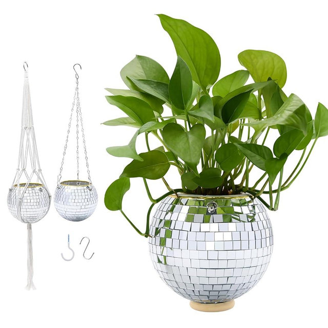 FGBNM 1/2/3pcs Disco Ball Planter, 4"/6"/8" Planter, Silver/Rose Gold Planter, Disco Ball Plant Hanger with Hanging Rope, Hanging Chain, Hook, Circle and Extra Mirror Pieces (6" Silver, 1pcs)