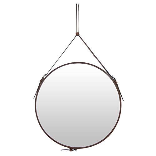 HofferRuffer Faux Leather Round Wall Mirror Strap Mirror Decorative Hanging Mirror with Adjustable Hanging Strap Silver Hardware Hooker, Diameter 19.7 inch, Brown