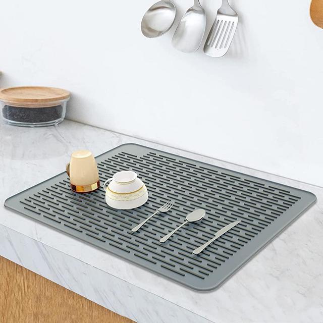 Silicone Drying Mat, XL Size (22” x 18”), Dish Drying Mat, Large Dish Drainer Mat for Kitchen Counter, Heat Resistant Hot Pot Holder, Non-Slip Silicone Sink Mat, BPA Free, Dish Washer Safe, Gray