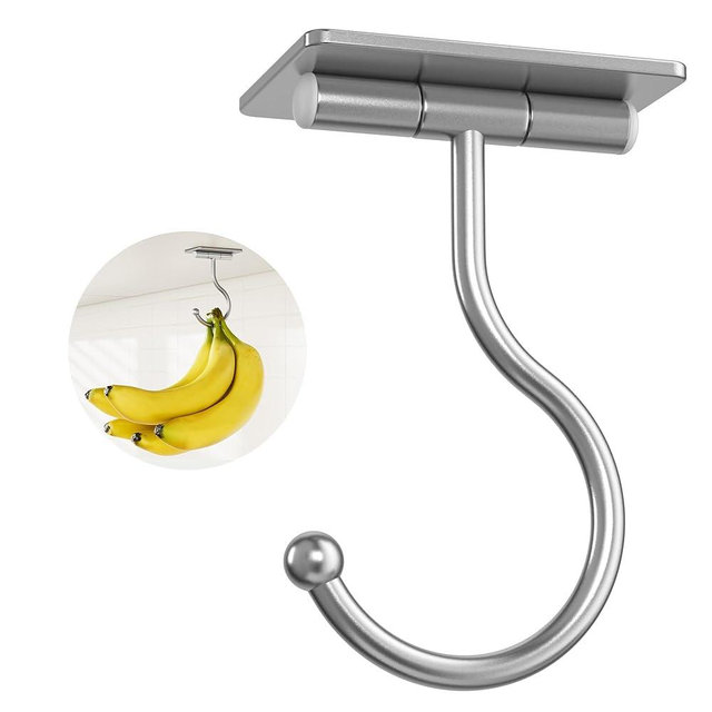 Josmimic Under Cabinet Banana Hook Adhesive - Sticky Banana Hanger Under Counter, Sturdy Metal Banana Holder for Hanging Bananas or Kitchen Utensil, Banana Saver, Keeps Bananas Fresh, Silver