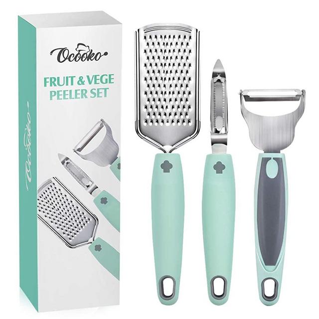 OCOOKO 3 Piece Vegetable Peelers Graters for Kitchen, Premium Stainless Steel Swivel Potato Peeler Grater for Cheese, Nutmeg, Ginger and Apple, All Fruit & Veggie