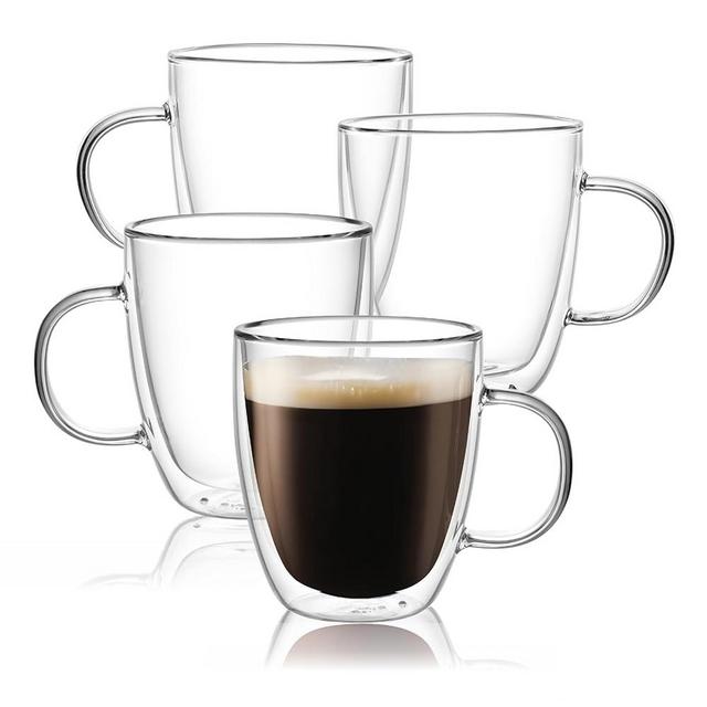 CNGLASS Large Glass Coffee Mugs 17oz,Double Walled Insulated Glass Coffee Cups with Handle,Clear Coffee Glass,Cappuccino Cups,Tea Cups,Latte Cups,Beverage Glasses Heat Resistant,Set of 4