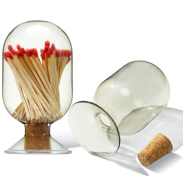 Teenyyou Glass Match Holder Matches Cloche Decorative Match Jar Smoke Grey Glass Matches Cloche for 3 Inch Matches Trendy Fireplace Display Decor, Not Include Matches (2.87 x 5 Inch)