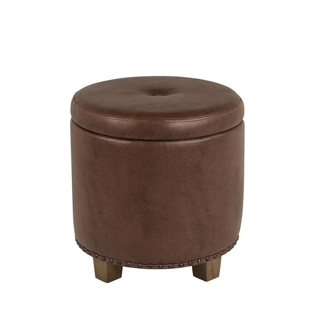 Homepop Home Decor | Upholstered Round Storage Ottoman with Nailheads| Ottoman with Storage for Living Room & Bedroom, Brown Faux Leather