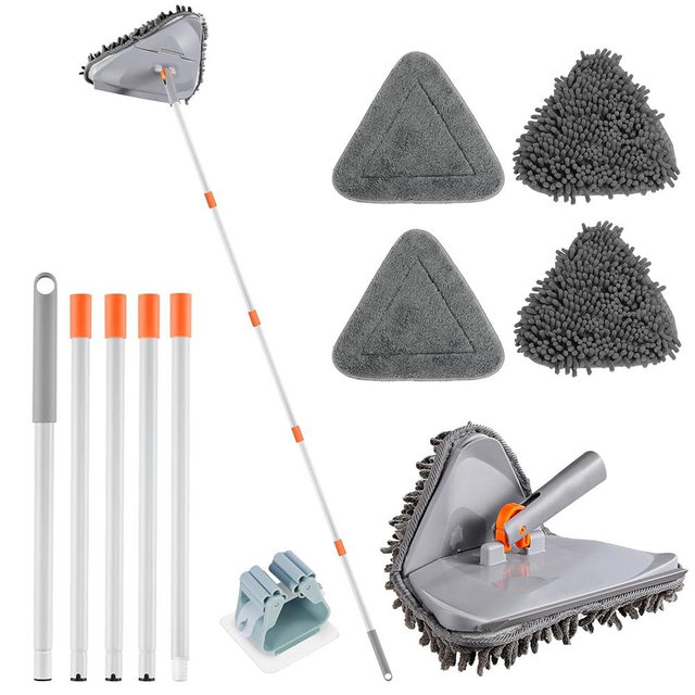 Wall Cleaner Triangle Mop with 82'' Long Handle - Wall Scrubber, Cleaning Washer Tool with 4 Microfiber Chenille Duster Pads for Clean Walls, Ceiling, Windows, Baseboards, Floors (Gray, 4 Pads)