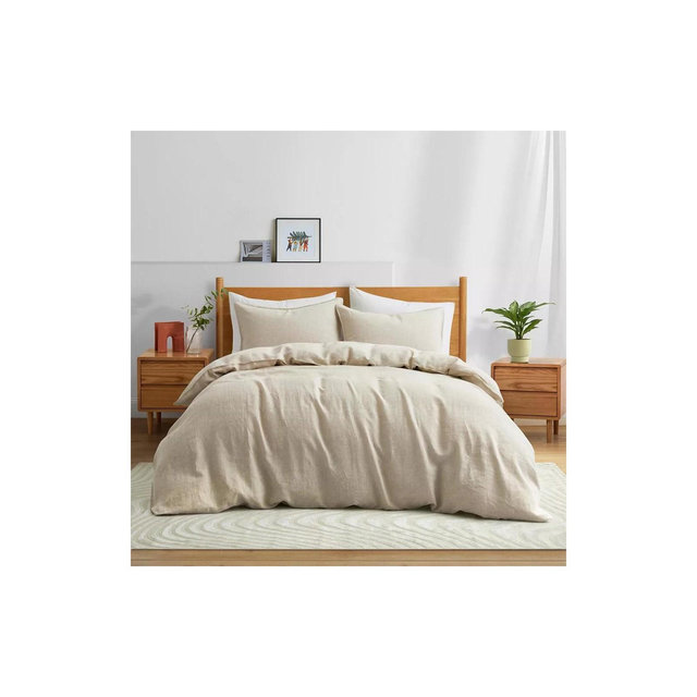 Peace Nest Linen Cotton Duvet Cover and Pillow Sham Set Moisture-Wicking and Breathable, Beige, Full/Queen, 90"x90"