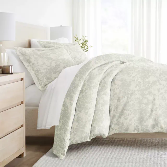 Weathered Floral 3PC Duvet Cover Set - Soft Microfiber, Zippered Closure, Easy Care - Becky Cameron, Weathered Floral Green Mist, King/California King
