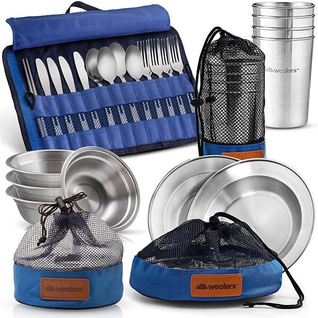 Wealers Unique Complete Messware Kit Polished Stainless Steel Dishes Set| Tableware| Dinnerware| Camping| Buffet| Includes - Cups | Plates| Bowls| Cutlery| Comes in Mesh Bags (4 Person Set)