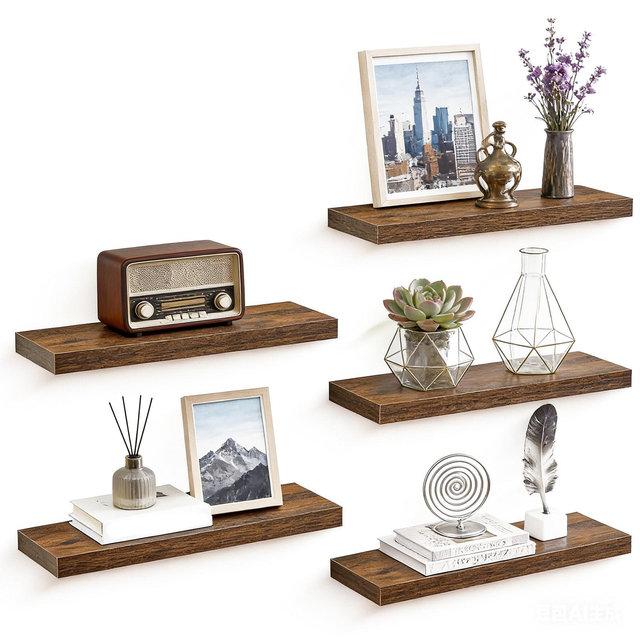 Rustic Brown Floating Wall Shelves with Metal Brackets - Wood Wall Mounted Display for Plants & Decor - Storage for Bedroom, Living Room & Bathroom