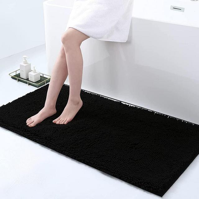 Smiry Chenille Bathroom Rugs Mats, Soft Microfiber Shaggy Absorbent Non-Slip Machine Washable Bath Mats, Super Plush Bath Runner for Bathroom, Shower & Tub, 24'' x 47'', Black