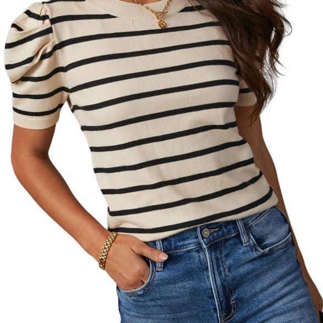 Dokotoo Women's Short Puff Sleeve Knit Tops 2024 Trendy Crewneck Striped T Shirts Casual Summer Blouses