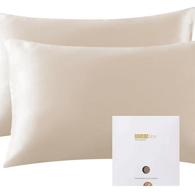 ZIMASILK 100% Mulberry Silk Pillowcase 2 Pack, Soft and Smooth,Both Sides Premium Grade 6A Silk,600 Thread Count,with Hidden Zipper (Queen 20''x30'',Beige)