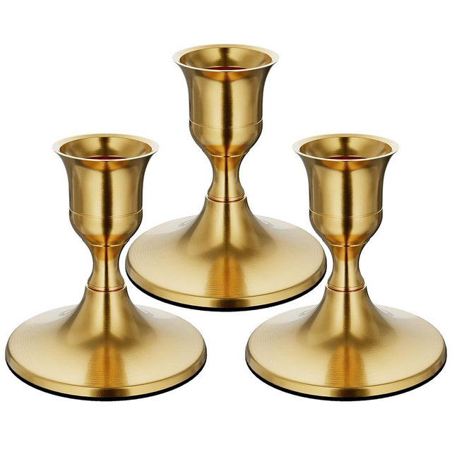 zeochyni Brass Gold Taper Candle Holders Set of 3, Vintage Metal Candlestick Holders for Dinner Room Table Centerpiece or Mantel Wedding Party Decor