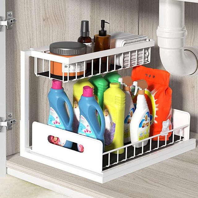 Zyerch Under Sink Organizer,Metal Pull Out Kitchen Cabinet Organizer with  Sliding Drawer,Sturdy Multi-Functional for Bathroom Organization,White
