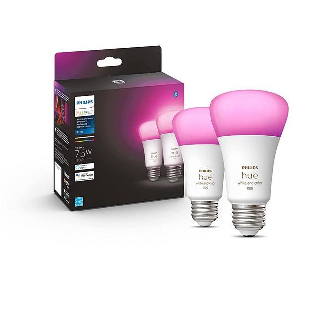 Philips Hue 2-Pack White and Color A19 Medium Lumen Smart Bulb, 1100 Lumens, Bluetooth & Zigbee Compatible (Hue Hub Optional), Compatible with Alexa & Google Assistant