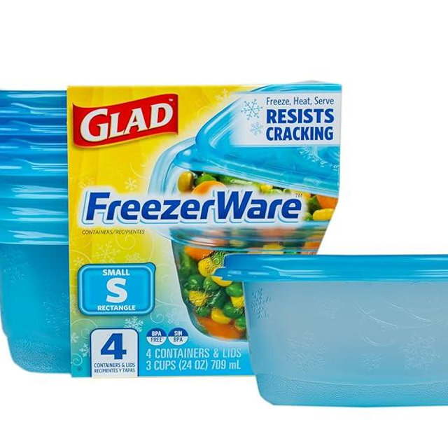 Glad GladWare FreezerWare Food Storage Containers with Lids, Small Rectangle BPA Free Plastic for Freezing Soups and Meal Prep, Crack Resistant, Microwave Dishwasher Safe, 24 Oz, 4 Count
