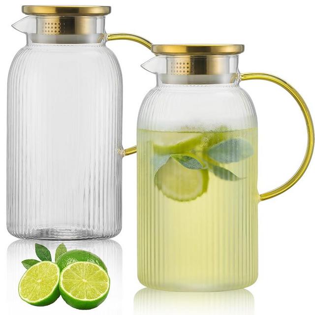 Buaic 2 PACK Glass Pitcher with Lid, 68 oz/2L Liter Classic Vertical Stripes Water Pitcher,Glass Water Carafe for Cold Brew, Coffee, Lemonade, Iced Tea,Beverage, Heat Resistant Water Glass Jug