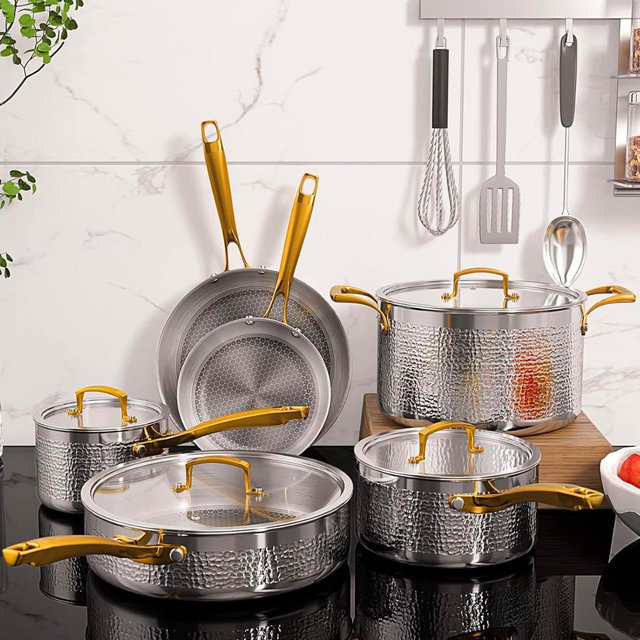 Pots and Pans Set, Tri-Ply Stainless Steel Hammered Kitchen Cookware, Induction Compatible, Dishwasher and Oven Safe, Non-Toxic, Professional Grade Cooking Sets, 10-Piece, Silver