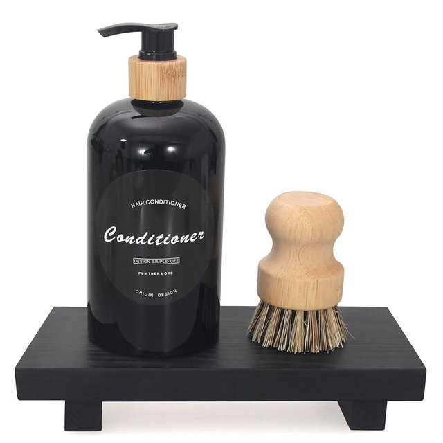 Wooden Pedestal Stand Black Bathroom Counter Organizer Tray Decor Farmhouse Wood Risers Small Hand Soap Dish Dispenser Holder for Kitchen Sink Modern Bathroom Vanity Accessories Decorative Tray