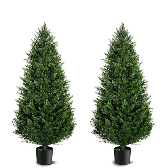 AOKIIE 4FT Artificial Cedar Topiary Trees Set of 2，48 Inch Tall UV Protection Fake Cypress Trees for Outdoors, Realistic Potted Pine Plants for Patio, Porch, Home, Doorway Decor