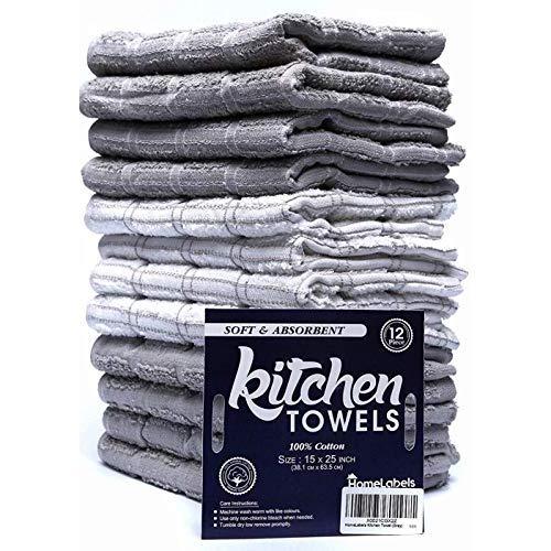 HomeLabels Kitchen Towel Grey 12 Pack (15'' x 25'') 100% Premium Cotton, Machine Wash Extra soft set of 12, Tea Towels, Bar Towels, Grey