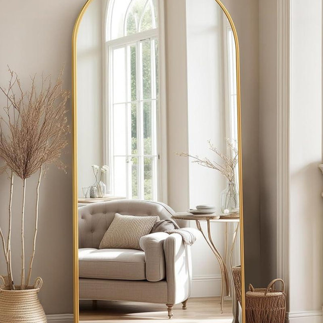 LadyNow Full Length Mirror, 71"x28" Arched Floor Mirror Freestanding, Floor Standing Mirror Full Body Mirror with Stand for Bedroom, Hanging Mounted Mirror for Living Room Cloakroom, Gold