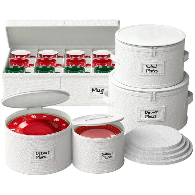 China Storage Containers, Hard Shell Dish Storage Containers with 48 Felt Dividers, 5 Piece Dish Organizers for Dinner Plates, Saucers & Mugs, Perfect for Seasonal Storage & Moving Supplies