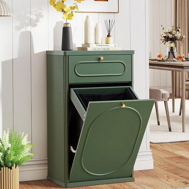ORRD Tilt Out Trash Can Cabinet, Wood Kitchen Garbage Bin with Drawer, Fluted 10 Gallon Laundry Hamper Cabinet, Farmhouse Hidden Trash Can for Kitchen, Living Room, Green